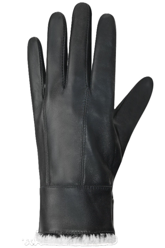 Black leather glove with white fur trim.