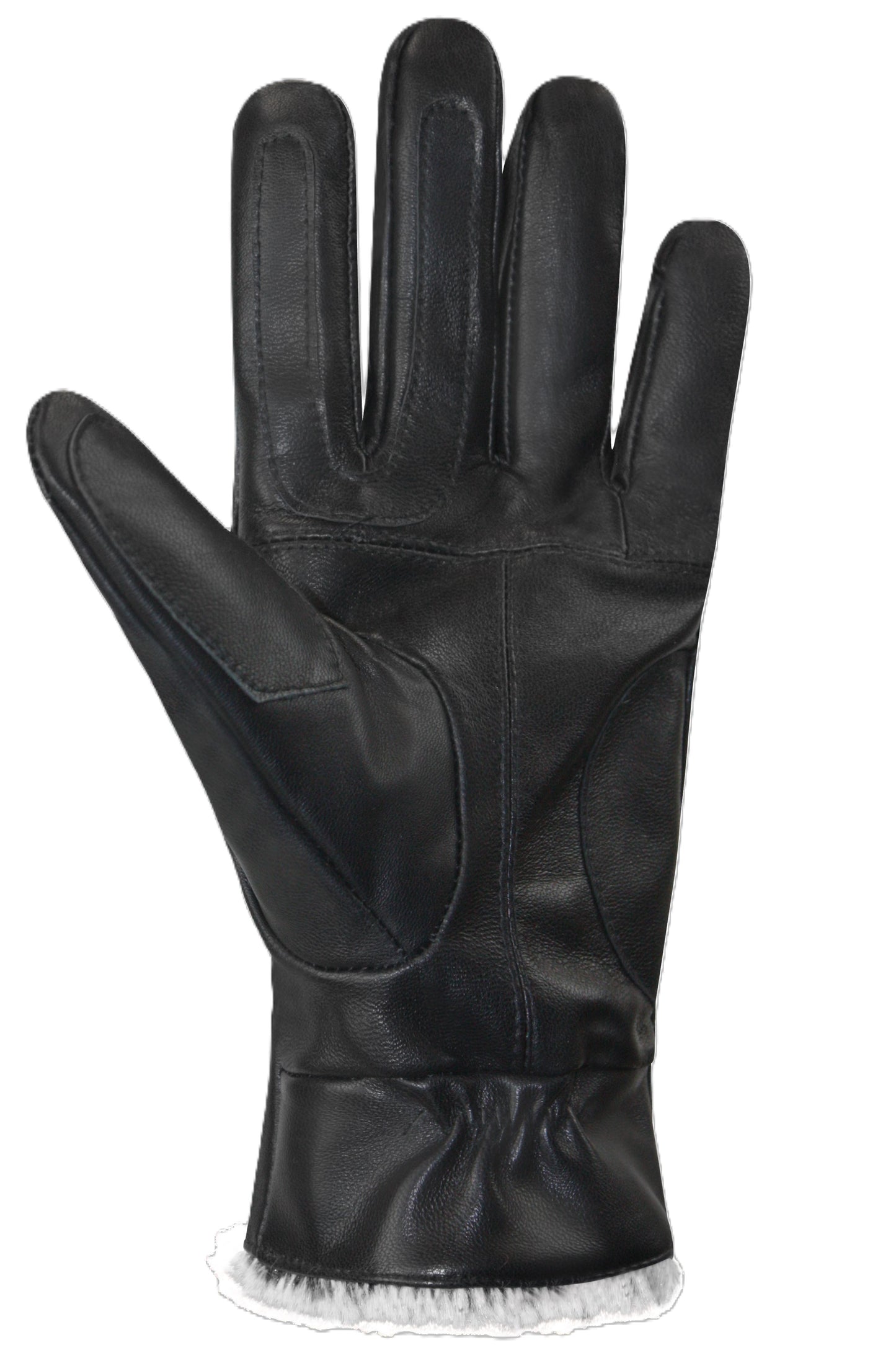 Black leather glove with white faux fur trim.