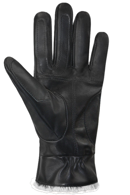 Black leather glove with white faux fur trim.