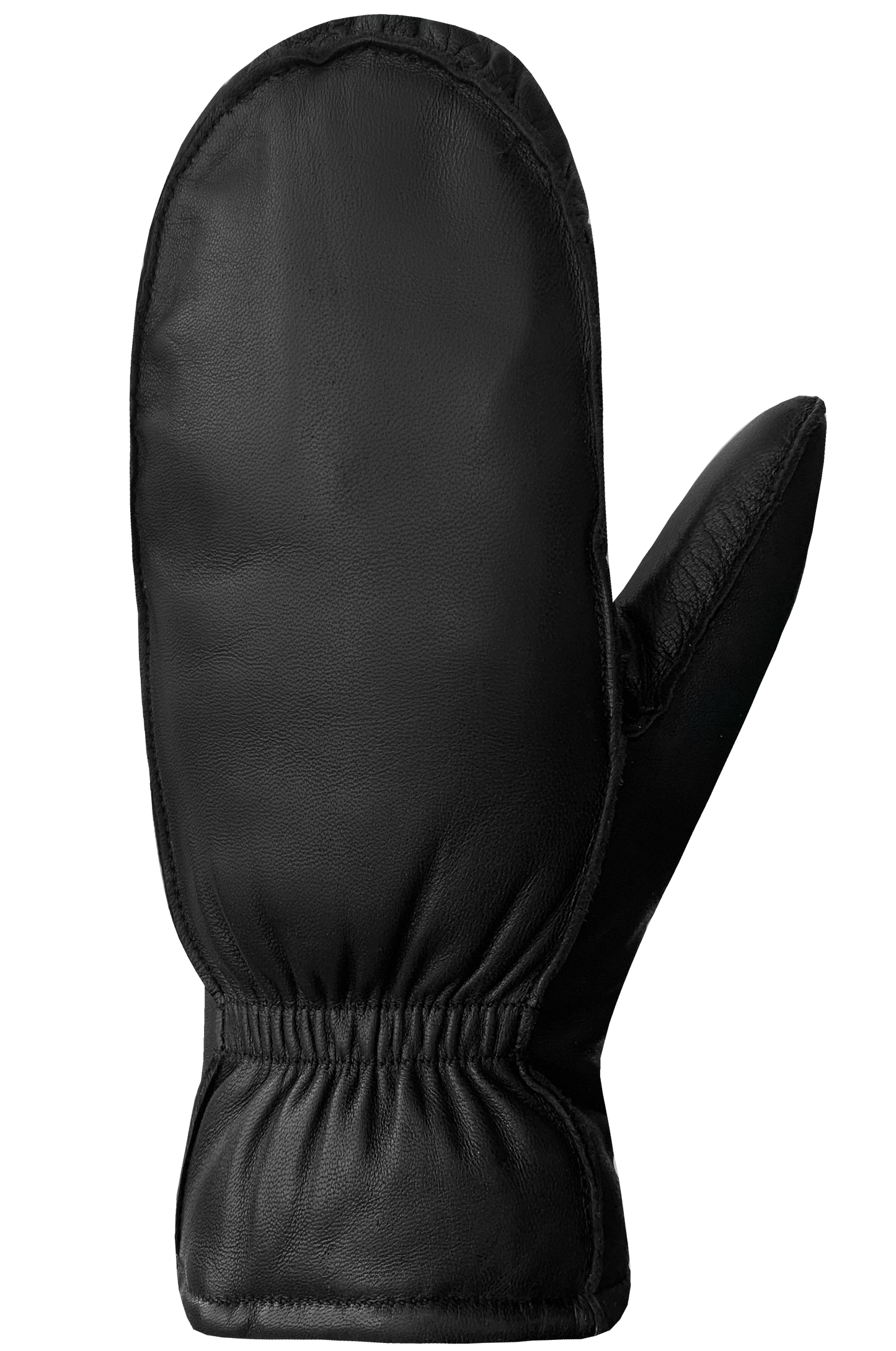 Black mitten with attached thumb.