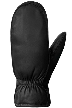 Black mitten with attached thumb.