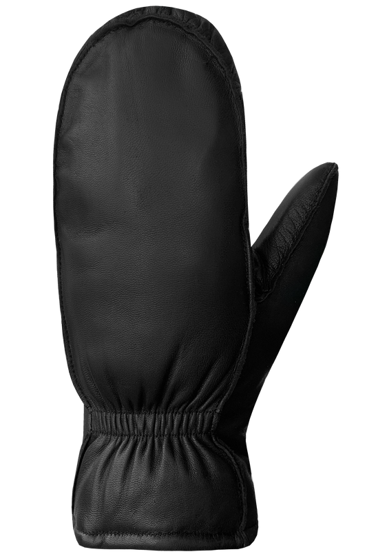 Black mitten with attached thumb.