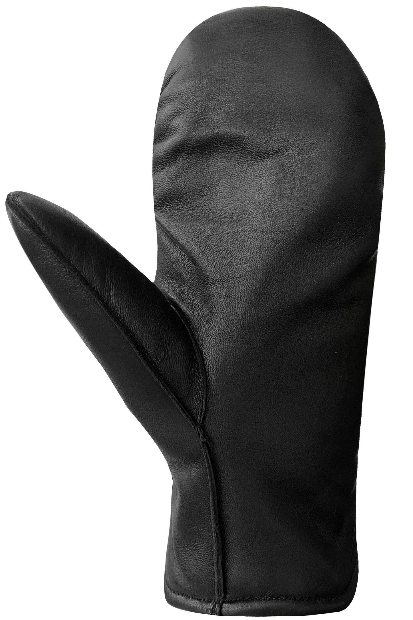 Black leather mitten with a protruding thumb.