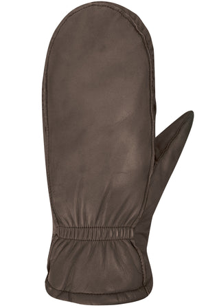 Brown mitten with a ribbed cuff.