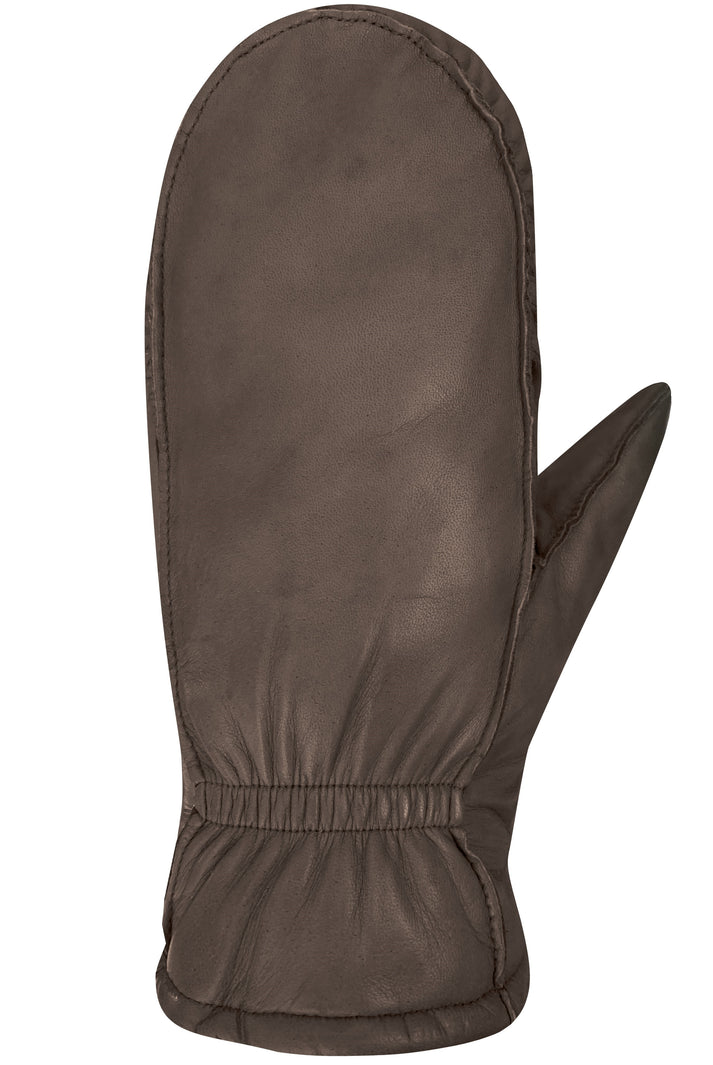 Brown mitten with a ribbed cuff.