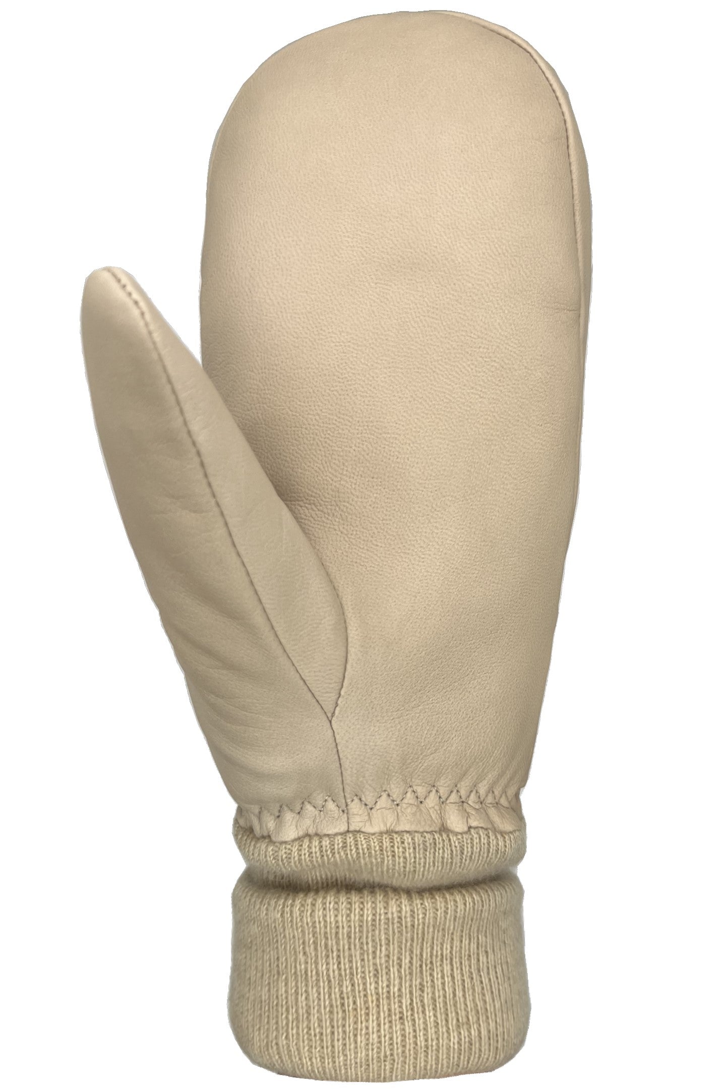 Leather mitten in beige with knitted cuff.