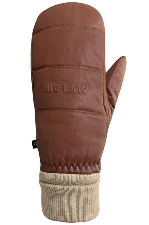 Brown leather quilted mitten with AUCLAIR printed on it and tan knit wrist cuff.
