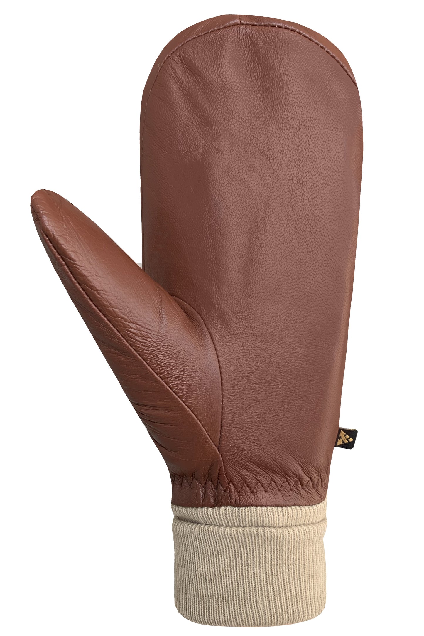 A leather mitten with a knit cuff in light brown.