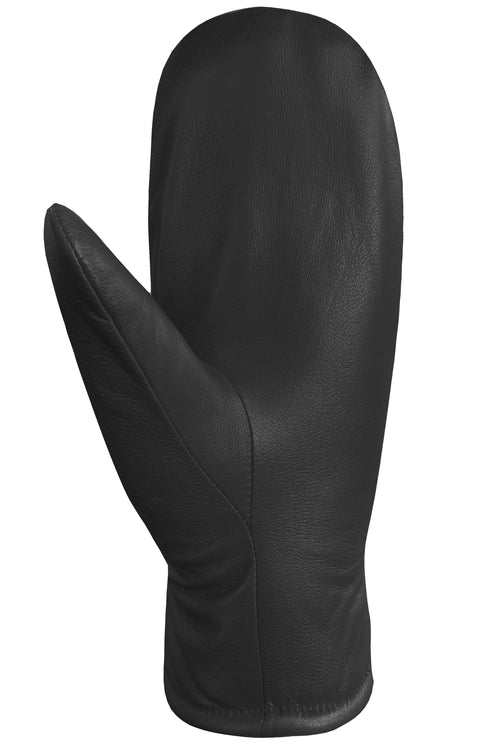 Black leather mitten with a prominent thumb.
