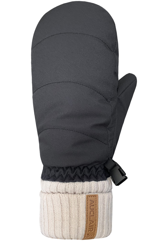 Winter mitten with a dark gray padded shell and cream colored ribbed knit cuff with a brown patch labeled AUCLAIR.