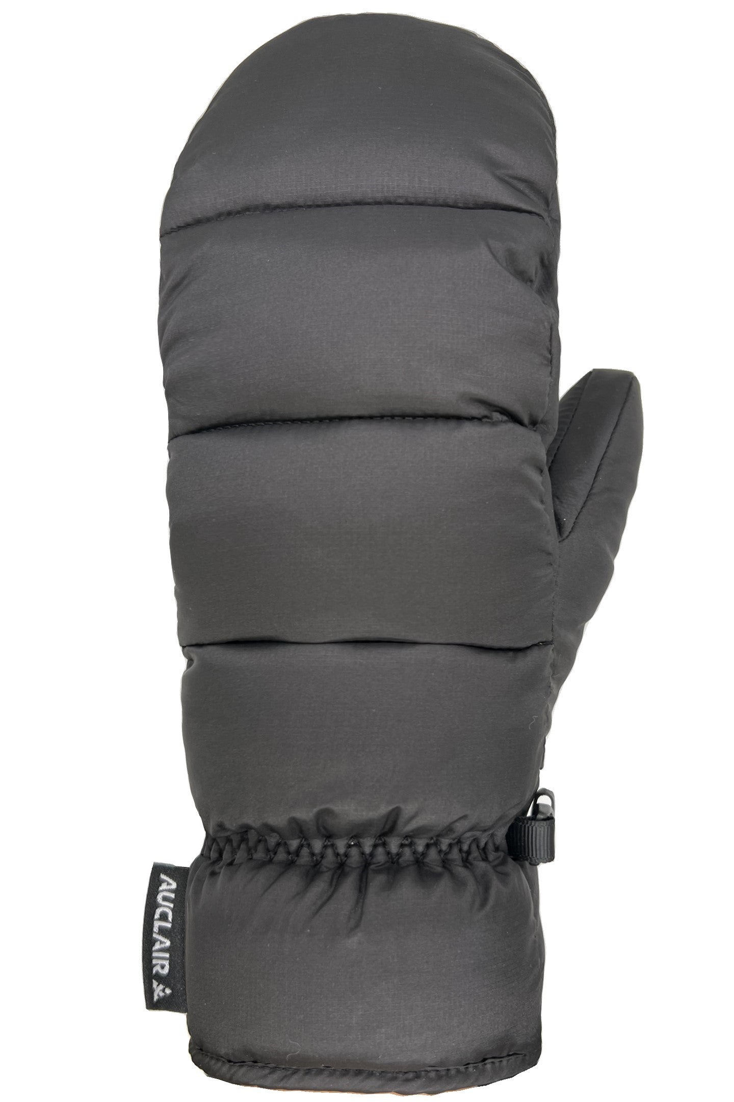 Black mitten with horizontal stitched baffling and a black wrist strap. A tag at the wrist reads AUCLAIR.