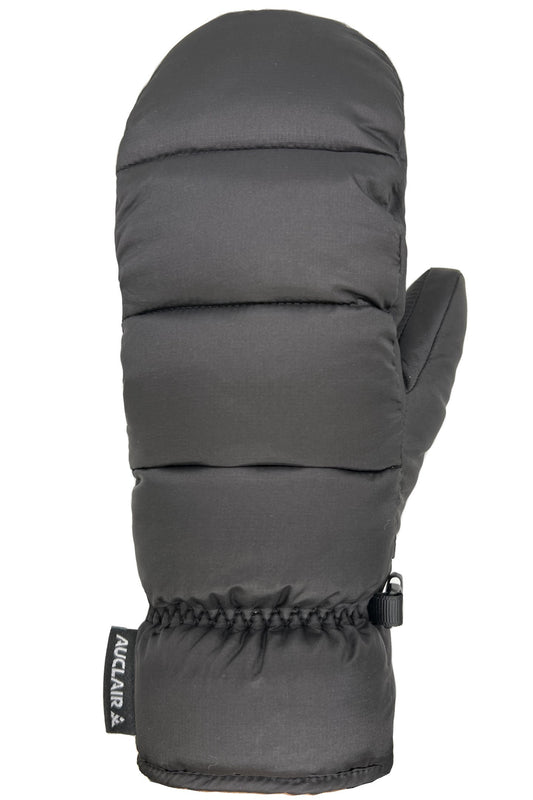 Black mitten with horizontal stitched baffling and a black wrist strap. A tag at the wrist reads AUCLAIR.