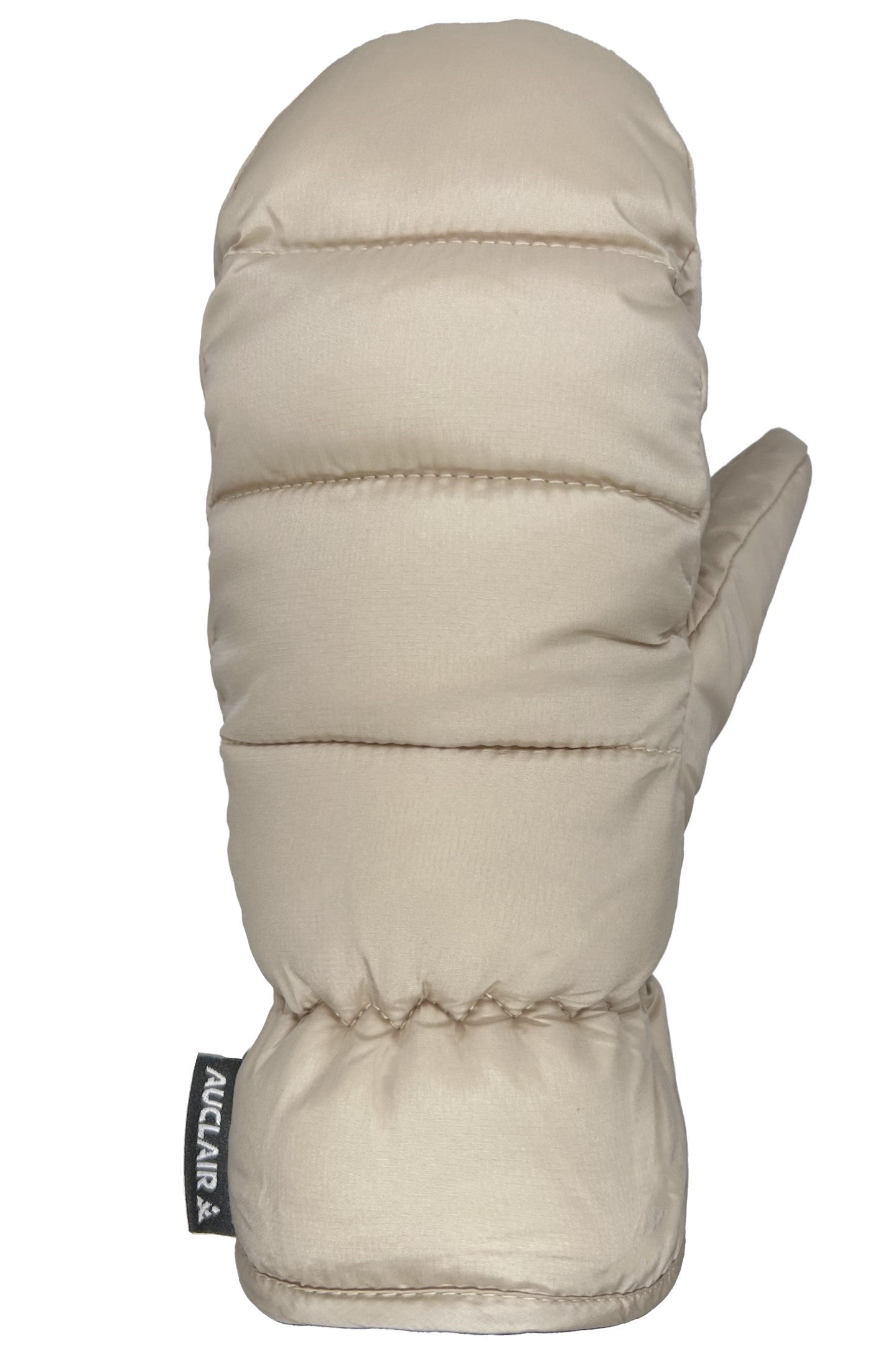 Beige puffy winter mitten with an attached thumb and a brand tag.