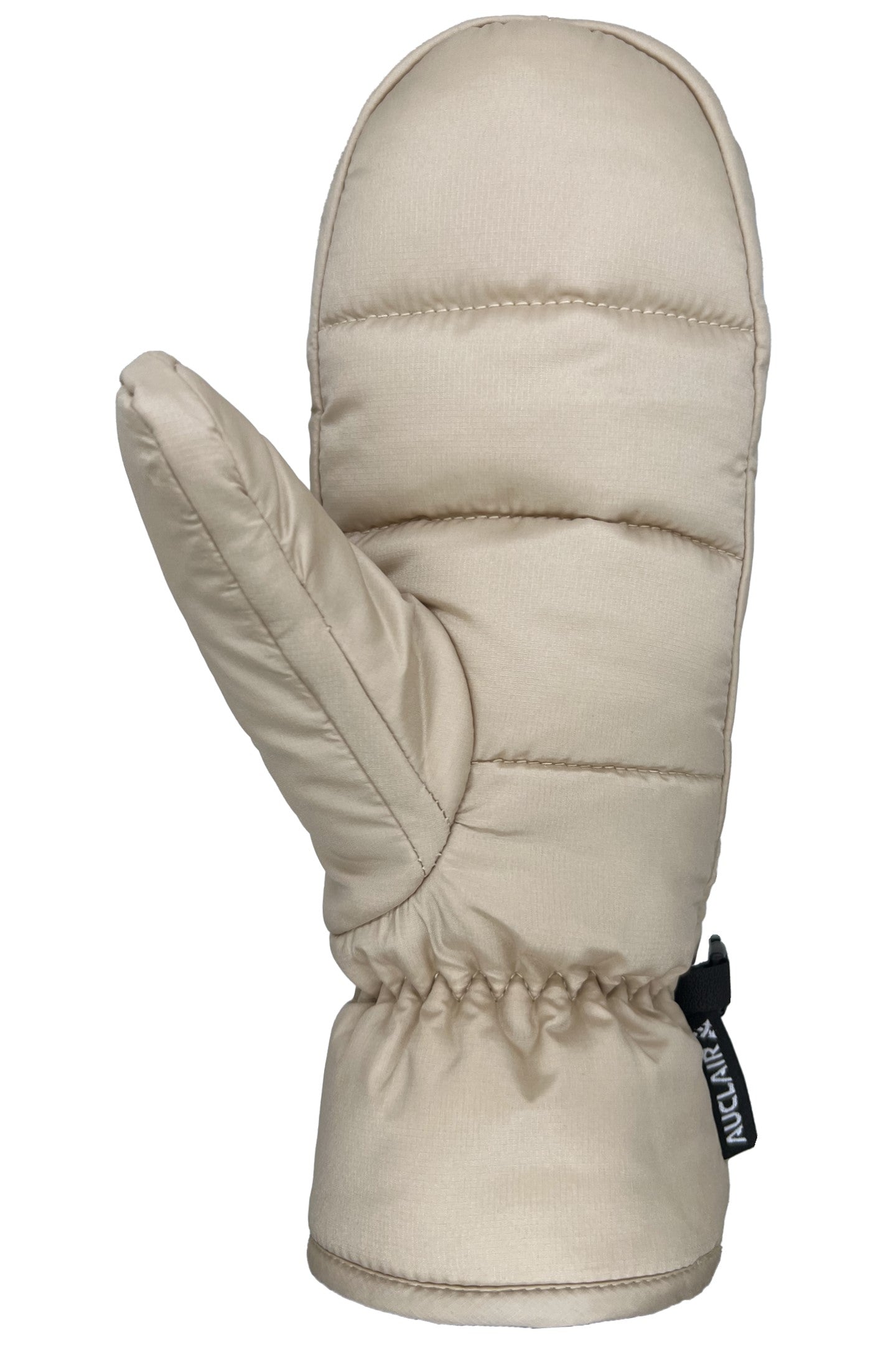 Beige puffy quilted mitten with elastic wrist cuff and a small black tag.