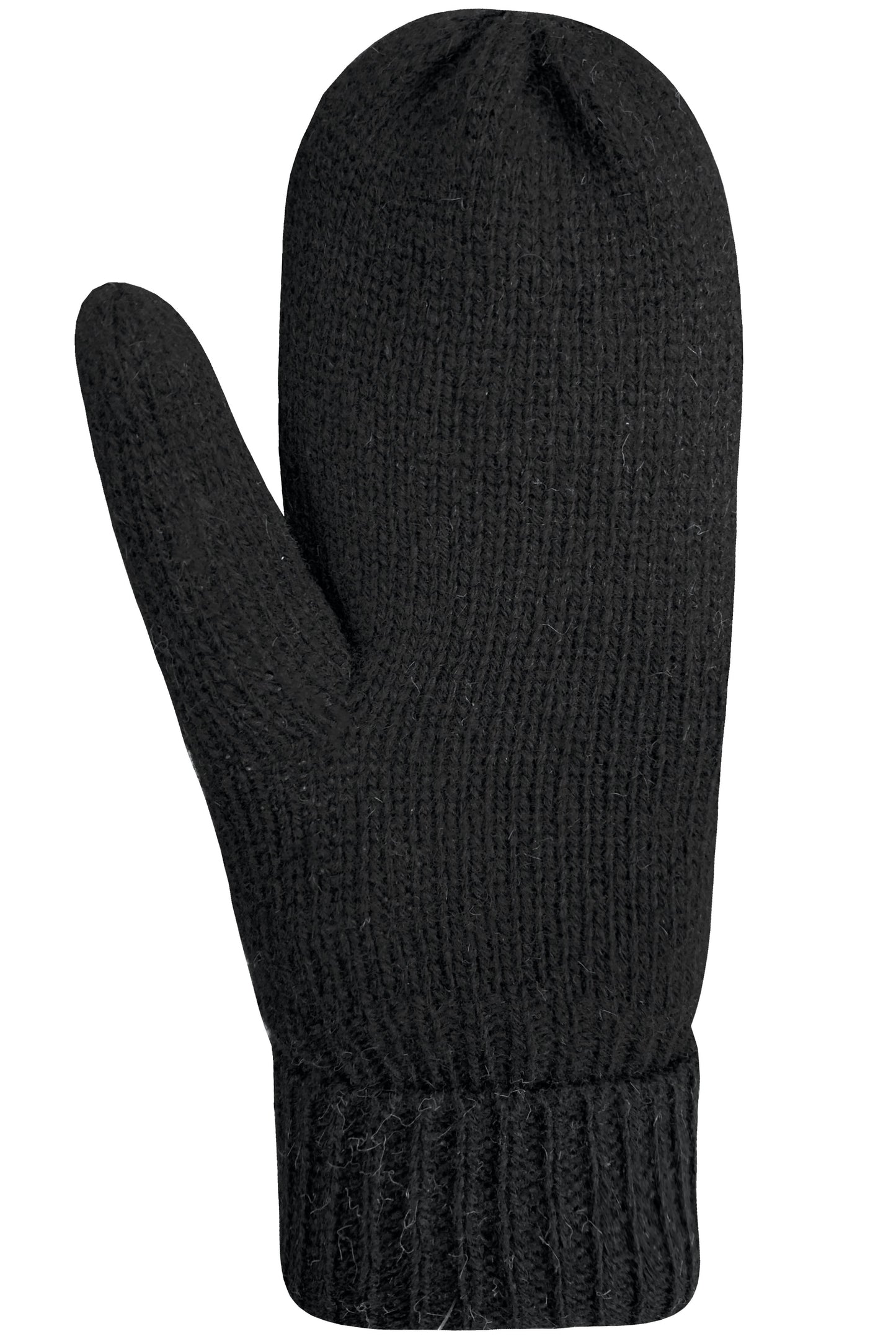 Black knitted mitten with ribbed cuff.