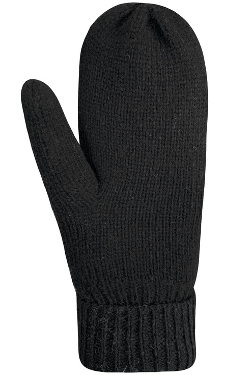 Black knitted mitten with ribbed cuff.