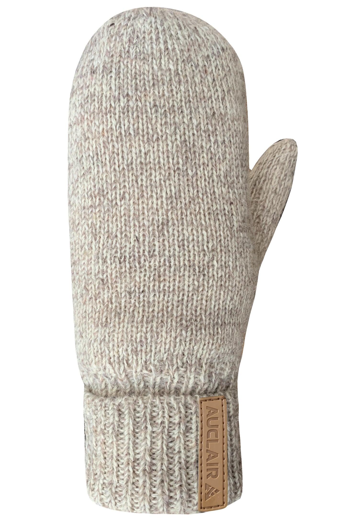 Beige knitted mitten with a brown ACLAIR tag on the cuff.