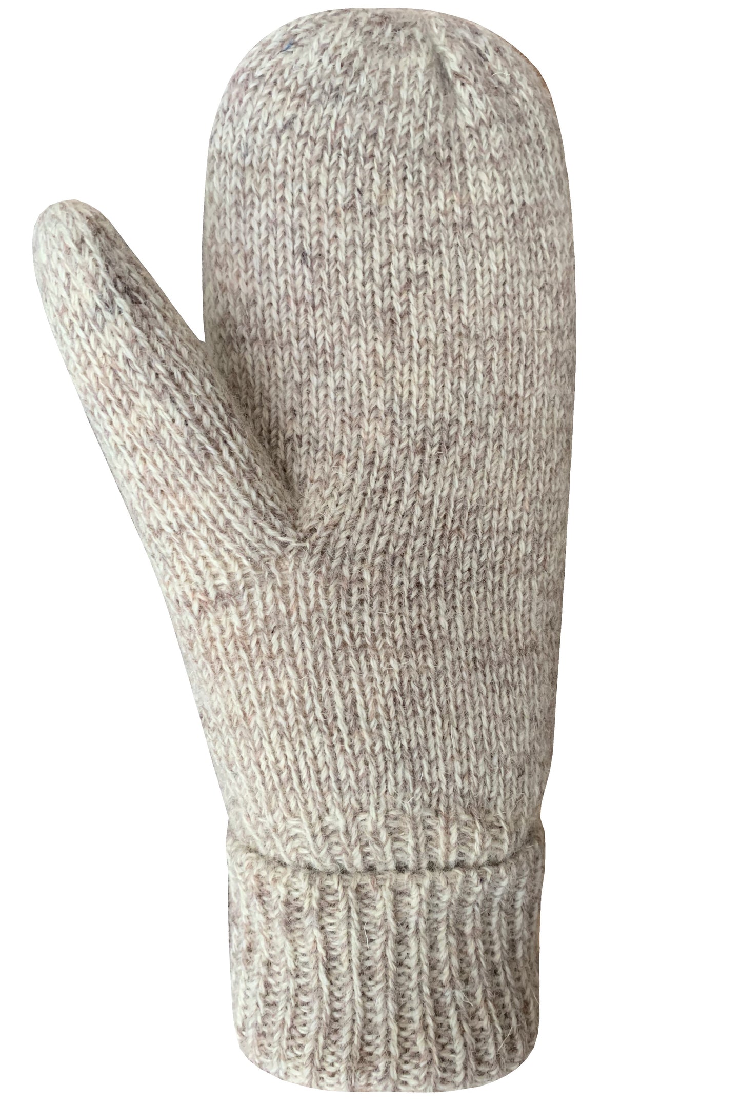 Knitted tan mitten with attached thumb.