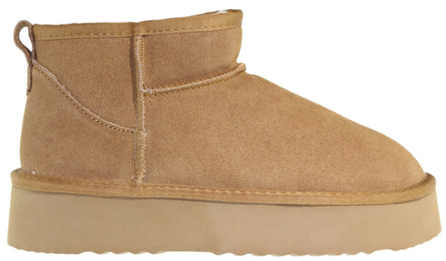 Tan ankle-high suede boot with a thick, platform sole.