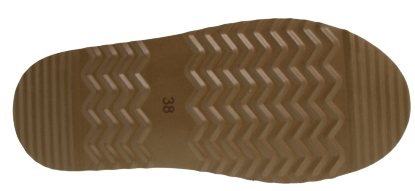 The tan rubber sole of a shoe with a ridged, zig-zag pattern and the number 38 printed on it.