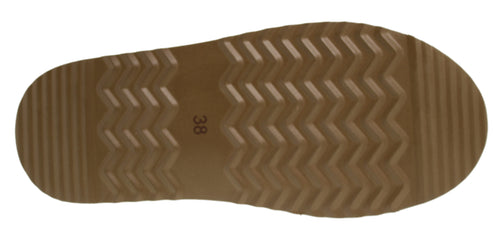 The tan rubber sole of a shoe with a ridged, zig-zag pattern and the number 38 printed on it.