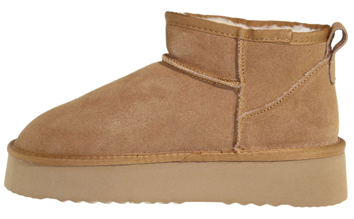Short tan suede boot with beige platform sole.