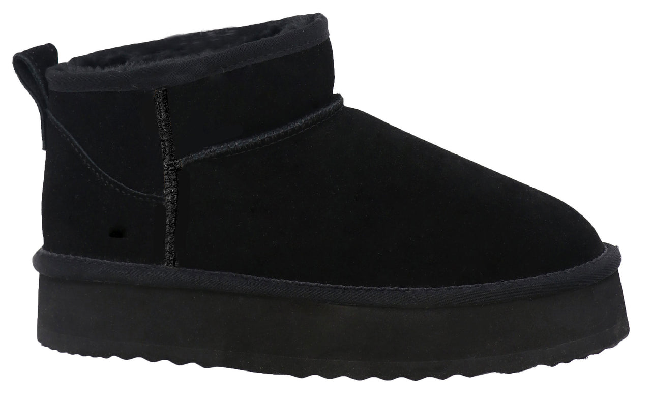 Black platform Ugg boot with exposed fur lining and a heel pull tab.