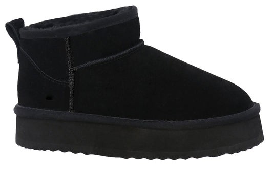 Black platform Ugg boot with exposed fur lining and a heel pull tab.