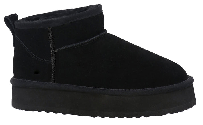 Black platform Ugg boot with exposed fur lining and a heel pull tab.