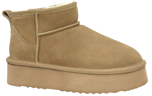 Tan-colored, short, platform boot with a rounded toe and pull tab.