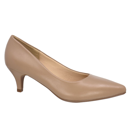 Tan high-heeled shoe with pointed toe.