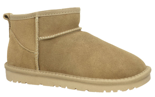 Short, tan, sheepskin boot.