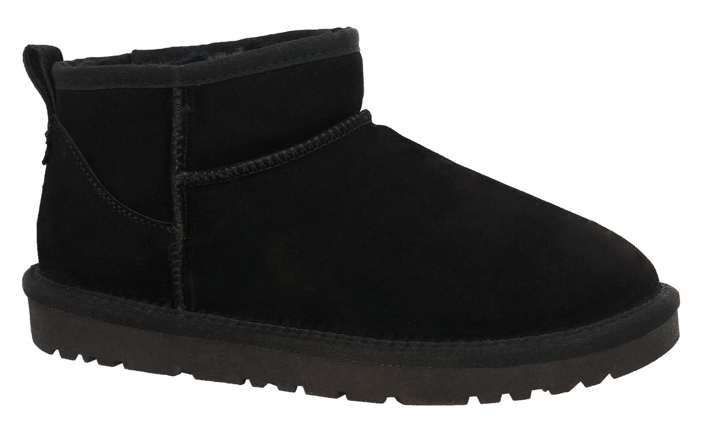 Black suede ankle boot with a thick, dark sole.