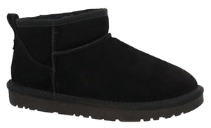 Black suede ankle boot with a thick, dark sole.