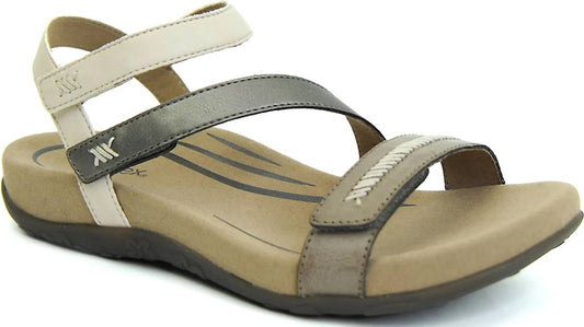 Leather sandals with beige and pewter straps and velcro closures.