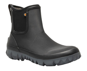 Black Chelsea-style rainboot with gray sole and black elastic side panels.