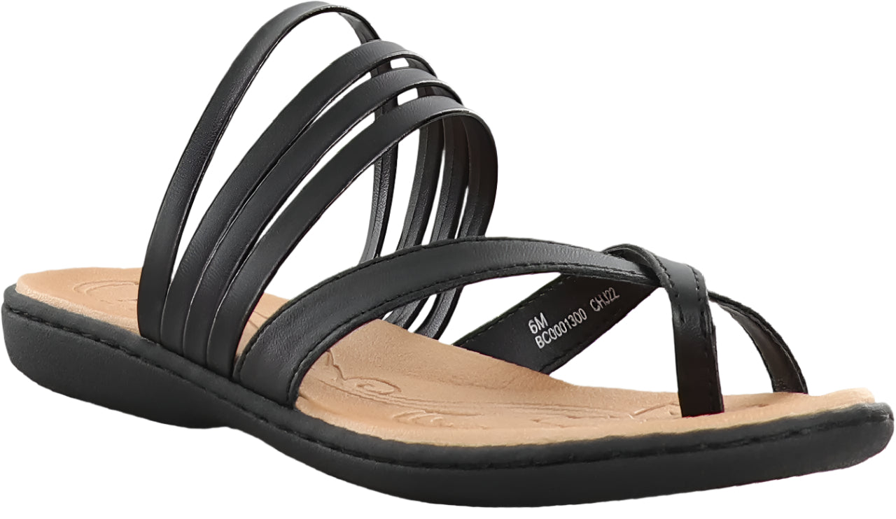 Black sandal with multiple thin straps, toe loop, and flat sole.
