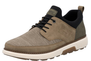 Olive green casual shoe with laces, mesh front, and white sole.