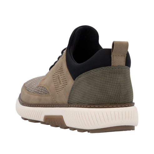 Taupe and olive sneaker with a low profile and a white textured sole.