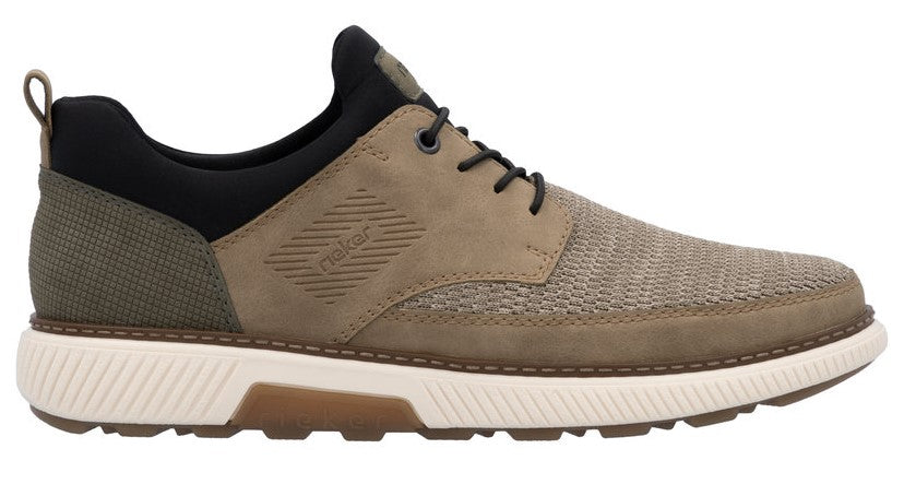 Men's taupe casual shoe with laces, textured quarter panels and white sole.