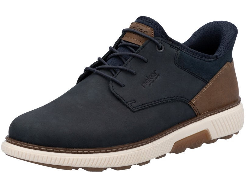 A navy blue lace-up sneaker with a brown accent on the heel and tongue.