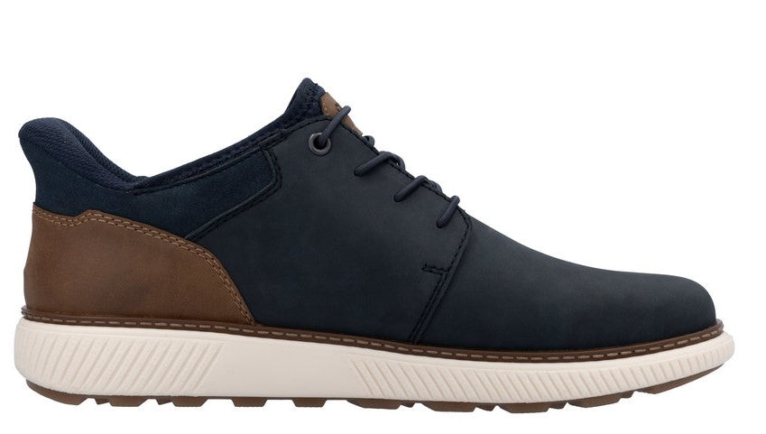 Side view of navy blue low-top sneaker with brown heel accent and white rubber sole.