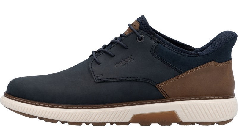 Low-cut navy shoe with tan accents and white rubber sole.