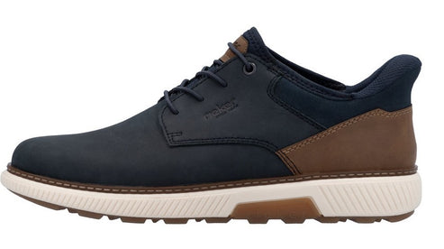 Low-cut navy shoe with tan accents and white rubber sole.