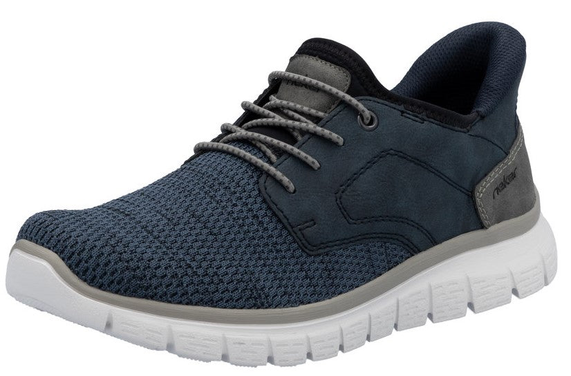 A navy blue sneaker with grey laces and a white sole.