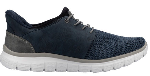 Navy casual shoe with gray laces and white sole.