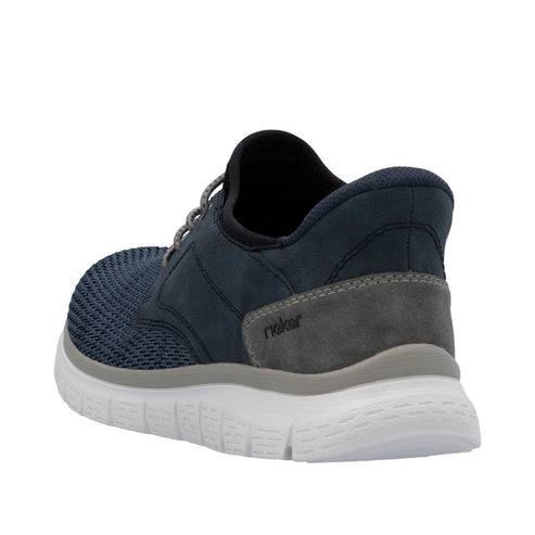Navy blue mesh athletic shoe with gray trim and a white sole. The word "Rieker" is visible on the gray trim.