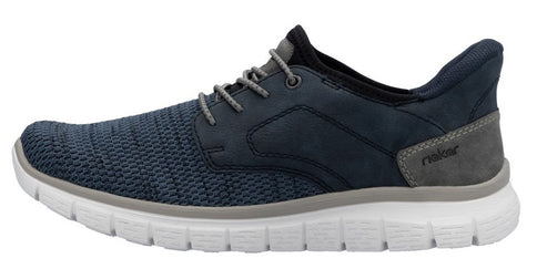 A navy and gray sneaker with white soles and gray shoelaces.