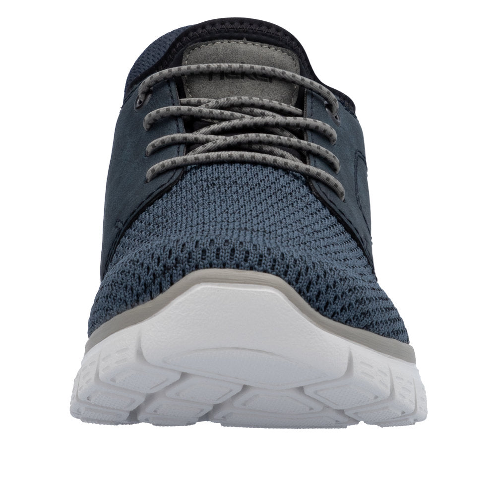 Front view of a blue sneaker with gray laces and a white sole.