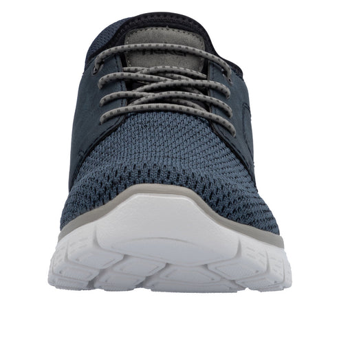 Front view of a blue sneaker with gray laces and a white sole.